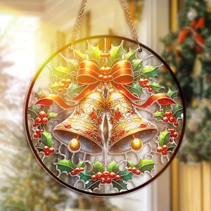 Christmas Bells Stained Glass Suncatcher Holiday Window Hanging with Holly Red Bow Festive Handmade Christmas Gift Decor Christmas Glass