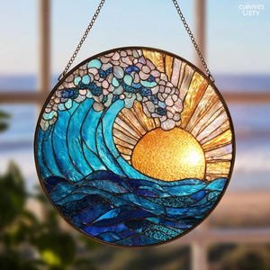 Sea Wave Stained Glass Suncatcher: Coastal Beach Decor