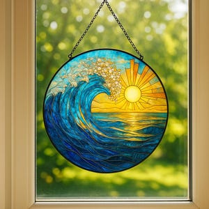Stained Glass Style Sea Wave Suncatcher: Coastal Window Ornament