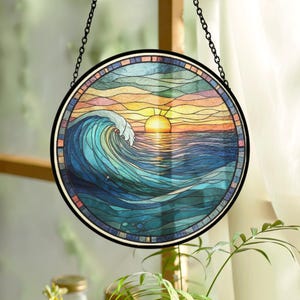Ocean Wave Stained Glass Suncatcher, Handmade Glass Window Hanging Art, Gift for Father, Friends Present, Ocean Beach House Decoration