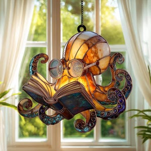 Reading Octopus Acrylic Suncatcher, Cute Sea Animal Window Hanging, Ocean Lover Sun Catcher, Nautical Marine Home Decor Gift, Window Decor