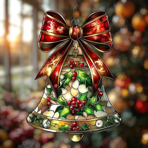 Christmas Bell Acrylic Ornament - Faux Stained Glass Holly Window Hanging Decoration