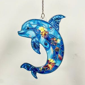 Dolphin Faux Stained Glass Acrylic Suncatcher, Ocean Theme Window Hanging Decor, Gift for Sea Lovers