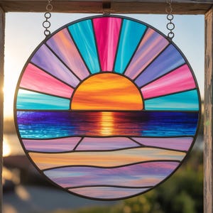 Ocean Sunset Suncatcher, Vibrant Art Panel for Window, Coastal Decor for Beach House, Ocean Lover Gift, Round Acrylic Art