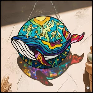 Whale Suncatcher, Colorful Mosaic Art Panel, Ocean Window Hanging, Coastal Decor, Marine Life Lover Gift, Luminous Light Catcher