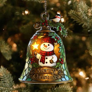Snowman Christmas Bell Ornament, Faux Stained Glass Acrylic Suncatcher, Merry Christmas Window Hanging, Festive Holiday Home Decor