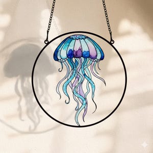 Blue Jellyfish Suncatcher, Ocean Coastal Acrylic Window Art, Whimsical Sea Creature Decor, Unique Nautical Marine Gift