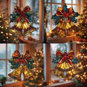 Christmas Bells Ornament, Faux Stained Glass Acrylic Suncatcher, Festive Window Hanging Decoration 2025