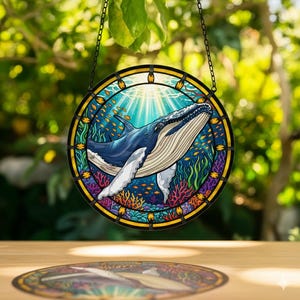 Whale Suncatcher, Colorful Mosaic Art Panel, Ocean Window Hanging, Coastal Decor, Marine Life Lover Gift, Luminous Light Catcher
