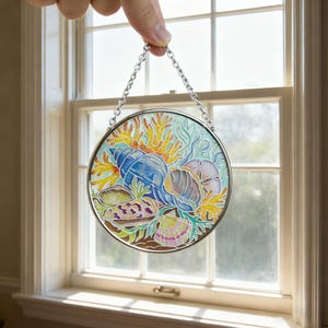 Ocean Seashell Stained Glass Suncatcher | Handmade Beach Window Hanging | Coastal Decor Gift | Sea Shell & Coral Glass Art Ornament
