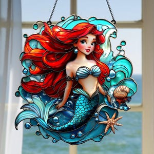 Red Hair Mermaid Acrylic Suncatcher, Faux Stained Glass Window Hanging, Ocean Fantasy Decor, Nautical Gift For Sea Lovers And Beach Homes