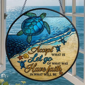Bible Turtle Stained Glass Suncatcher, Sea Turtle and Flowers Window Hanging, Turtle Lovers Gift, Ocean Animal Lover Home Decoration