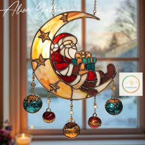 acrylic Santa on Crescent Moon Suncatcher – Jolly Father Christmas Window Sun Catcher with Gifts, Stars & Golden Bell Dangles Decor