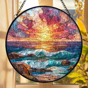 Ocean Sunset Stained Glass Suncatcher, Beach Wave Window Hanging Decor, Coastal Sea Glass Art Gift for Beach Lovers and Home Window