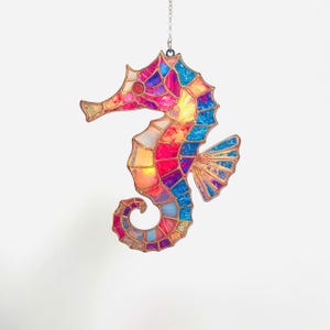 Seahorse Acrylic Suncatcher, Coastal Faux Stained Glass Window Hanging, Vibrant Ocean Animal Gift For Beach Lovers