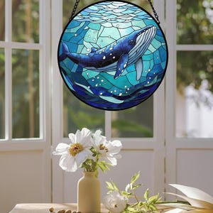 Whale Suncatcher, Colorful Mosaic Art Panel, Ocean Window Hanging, Coastal Decor, Marine Life Lover Gift, Luminous Light Catcher