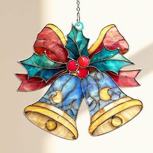 Christmas Bells Suncatcher, Stained Glass Style Acrylic Window Decor, Holiday Bell Sun Catcher, Festive Home Decoration Gift