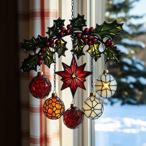 Holly Leaf Christmas Acrylic Suncatcher – Faux Stained Glass Window Ornament with Baubles & Bells, Festive Holiday Gift 2025