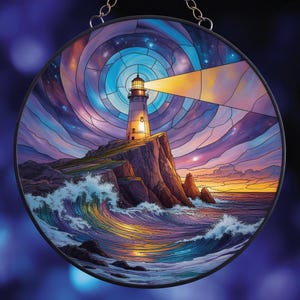 Lighthouse at Sunset Suncatcher, Celestial Acrylic Art Panel, Nautical Ocean Waves Decor, Unique Coastal Home Gift