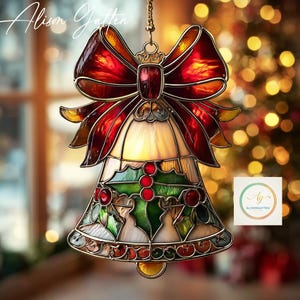 Christmas Bell Acrylic Ornament, Faux Stained Glass Holly Window Hanging Decoration, Christmas Suncatcher, Holiday Gift for Home