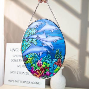Dolphin Stained Glass Suncatcher | Ocean Window Hanging | Handmade Sea Life Decor | Beach House Gift | Underwater Coastal Glass Art